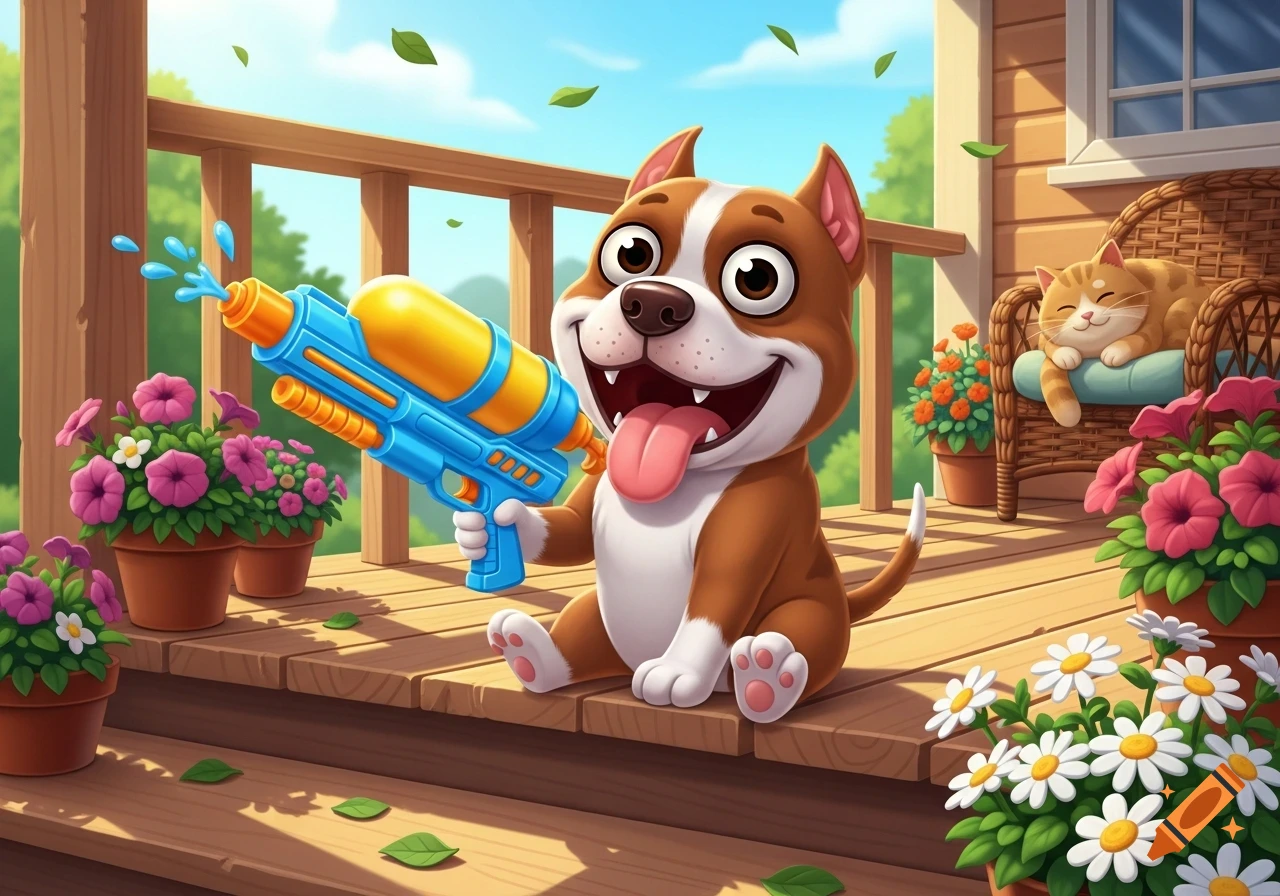 Goofy cartoon dog on a wooden porch, happily spraying a toy water gun, with a sleeping cat in the background.