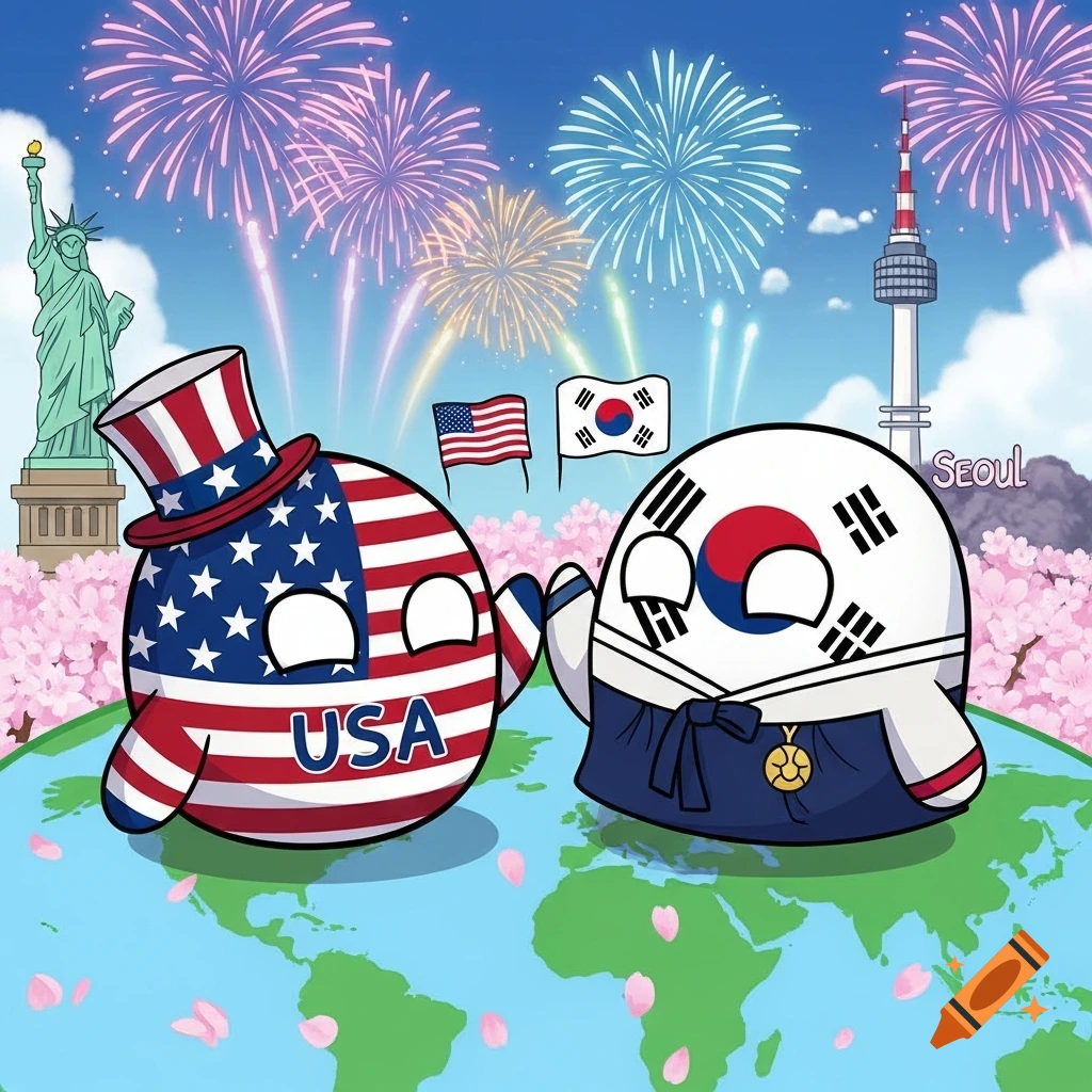Cartoon countryballs of USA and South Korea stand on a globe, hands nearly touching, with fireworks, cherry blossoms, the Statue of Liberty, and Seoul Tower in the background.