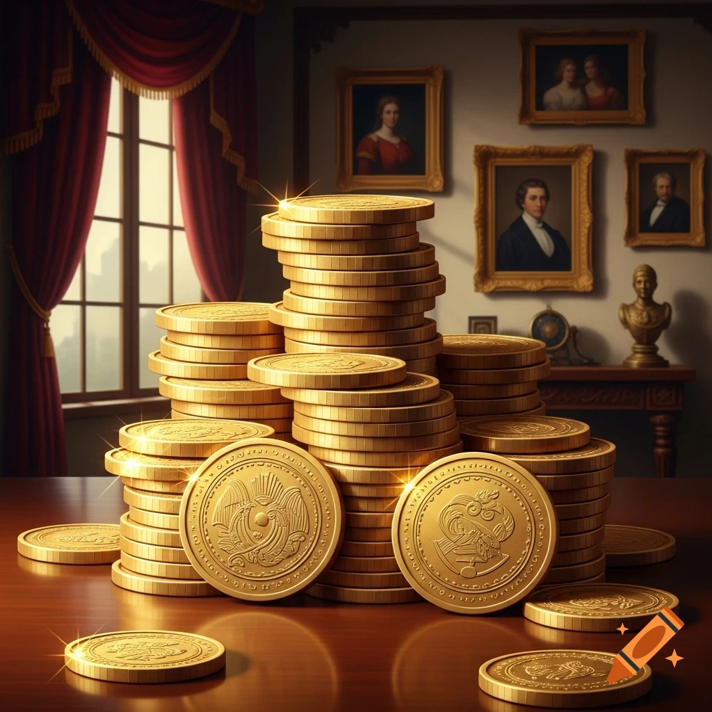 Stacks of shimmering gold coins on a polished wooden table in a lavish room with curtains and framed portraits.