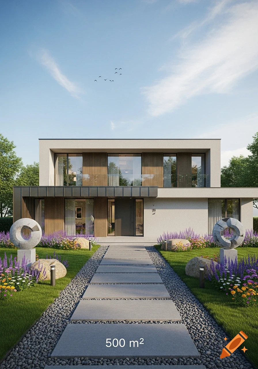 Photorealistic rendering of a modern, two-story single-family house with a flat roof and wooden accents. A pathway of large concrete slabs set in grey pebbles leads to the entrance. Lush green lawn with purple and yellow flowers lines the path. A stone sculpture stands on each side of the yard. The text '500 m²' is on the path.