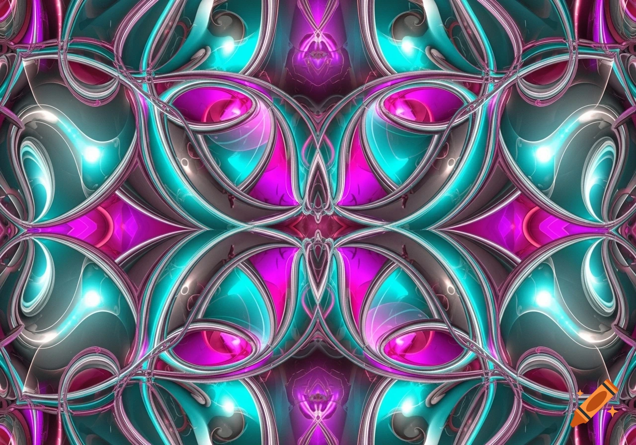 Abstract symmetrical pattern of glowing metallic teal and magenta swirls with reflective silver elements.