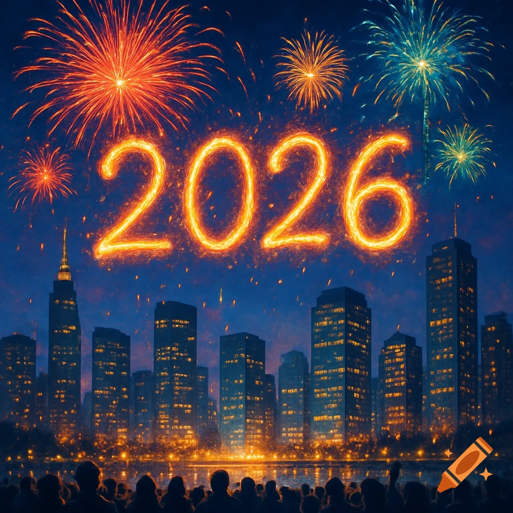 Fireworks burst over a glowing '2026' above a city skyline at night, with a crowd watching.