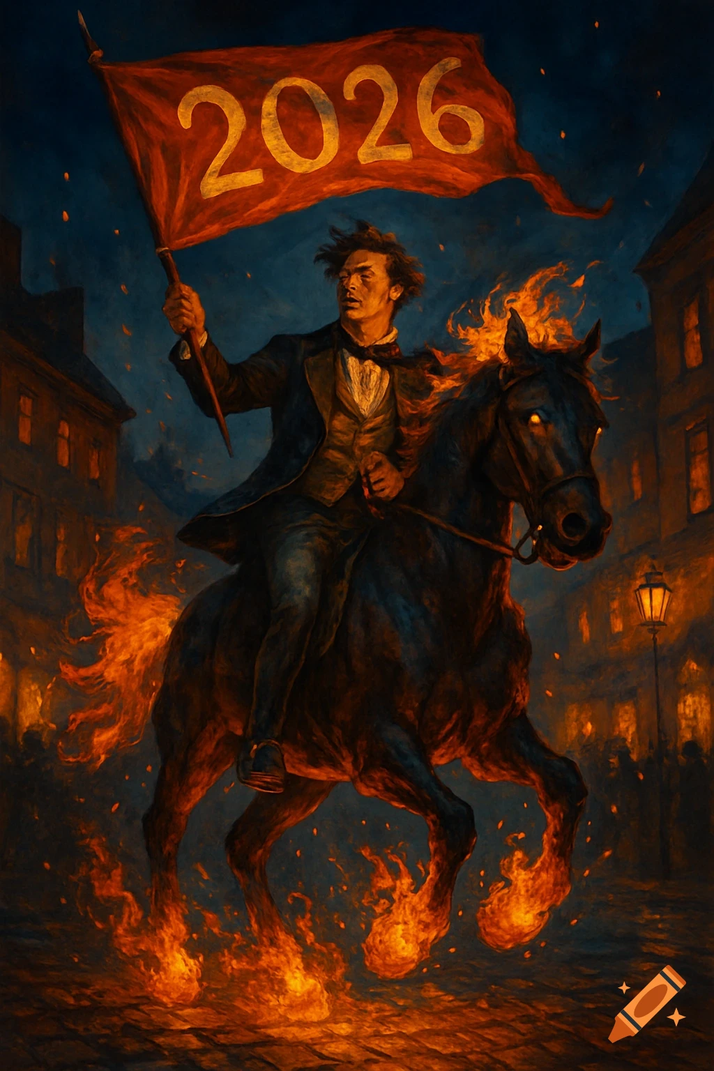 A dramatic painting of a man on a flaming horse, holding a red flag with '2026' in a burning street at night.