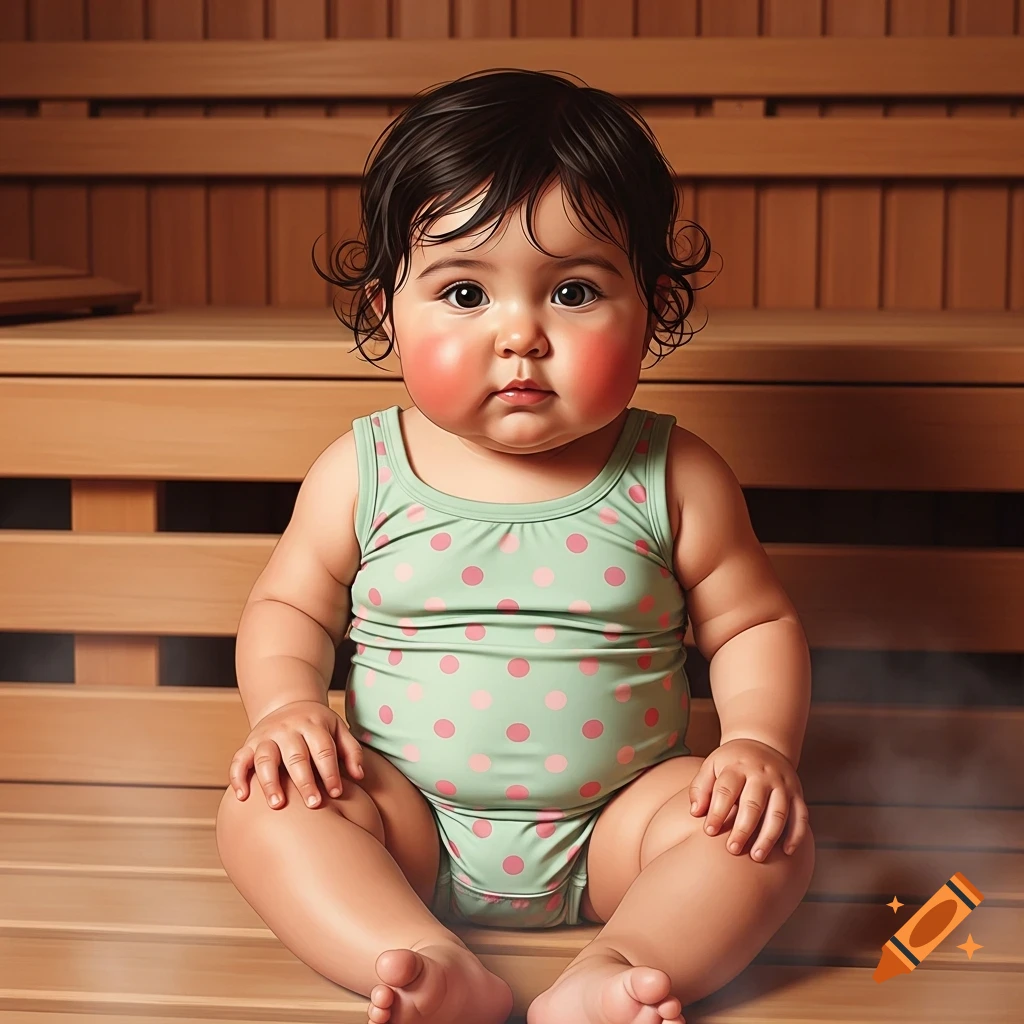 A cute baby girl with dark hair and rosy cheeks sits in a light green polka-dot swimsuit on wooden benches in a sauna.