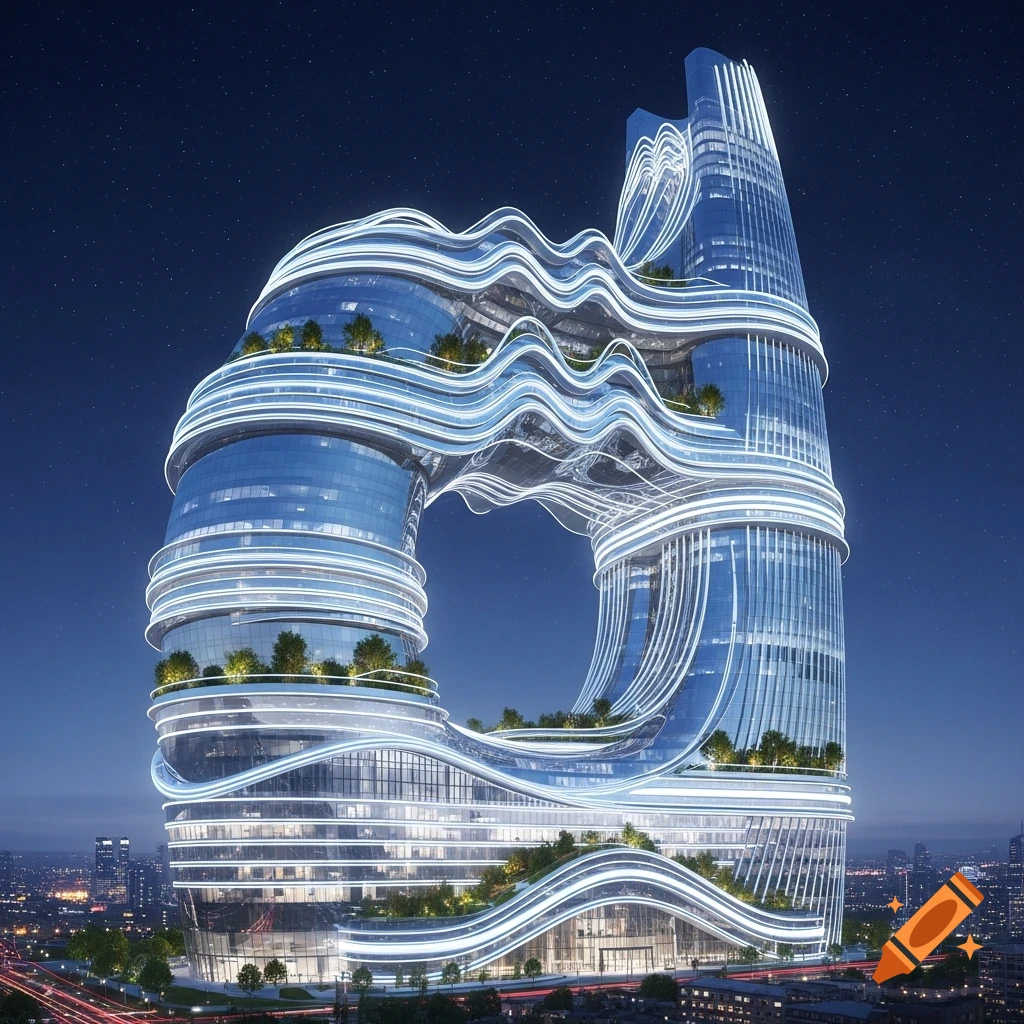 A futuristic, curved glass skyscraper with glowing white light strips ...