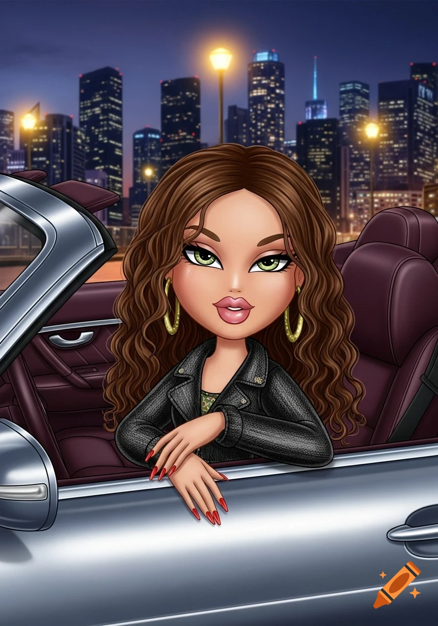 A stylized illustration of a Bratz doll with brown curly hair, green eyes, and long red nails sitting in a convertible car at night with a city skyline in the background.