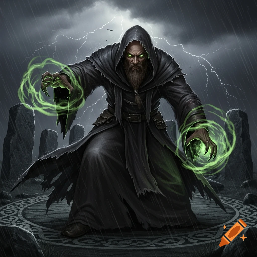 A dark, hooded wizard with a beard and glowing green eyes casts a spell with green energy, standing on a patterned stone circle under a stormy, lightning-filled sky.