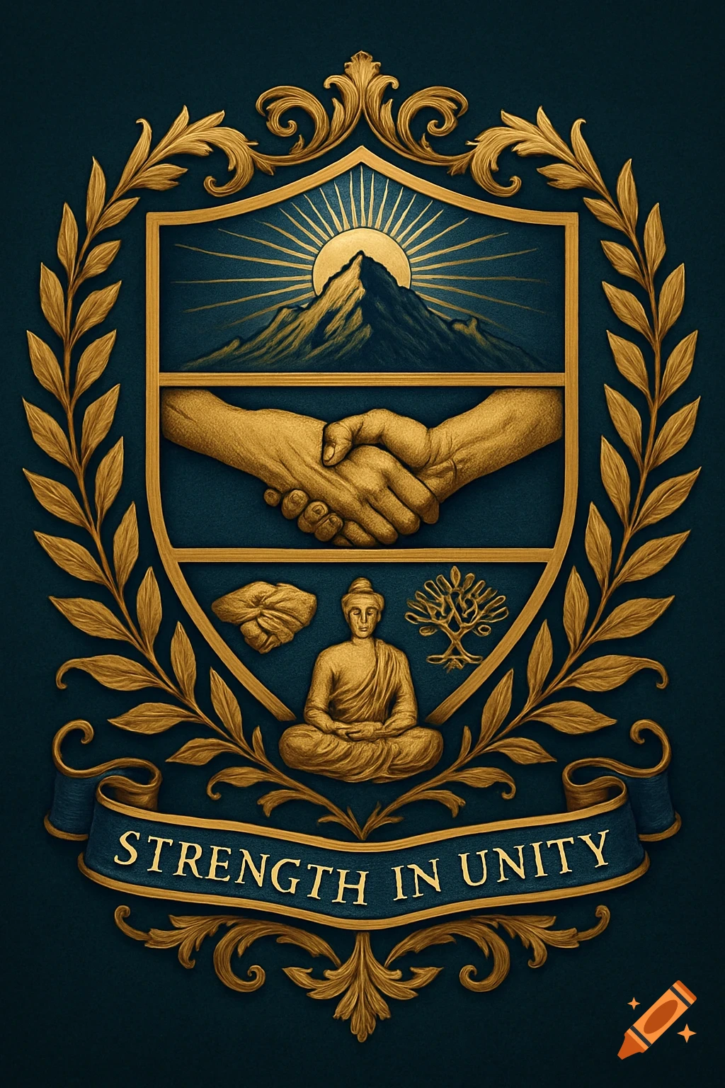 A highly detailed golden and blue crest featuring mountains, a handshake, a meditating Buddha, and a tree, encircled by a laurel wreath with 'STRENGTH IN UNITY' on a banner.