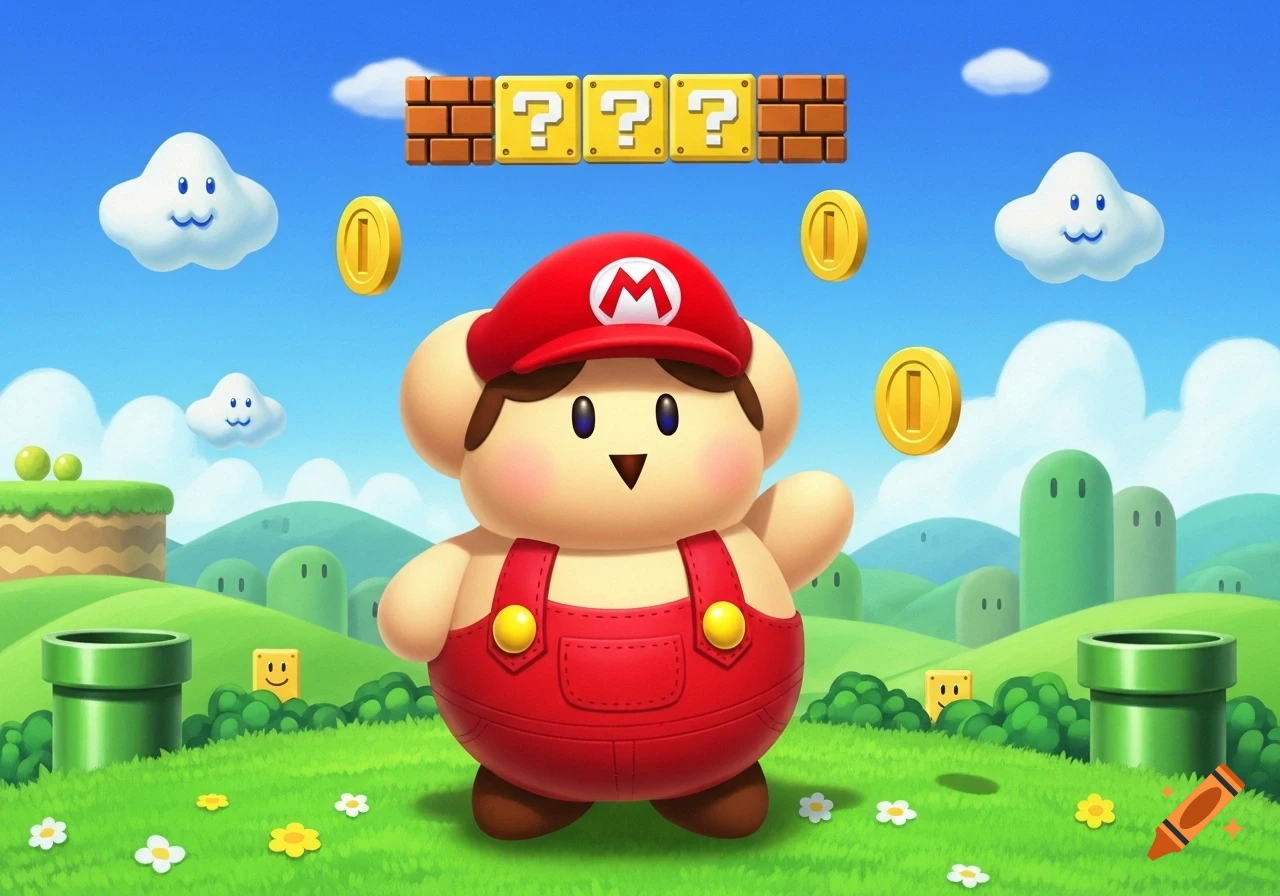 A cute, round character wearing a Mario hat and overalls stands in a Super Mario Bros. landscape with question mark blocks and coins.