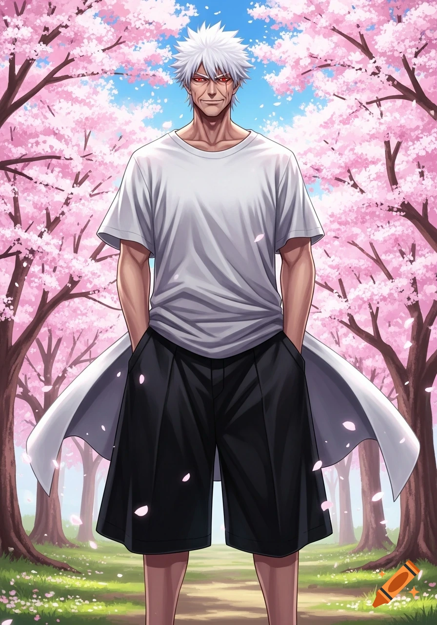 An anime male character with white spiky hair and red eyes, wearing a white t-shirt and black shorts, stands on a path lined with cherry blossom trees.