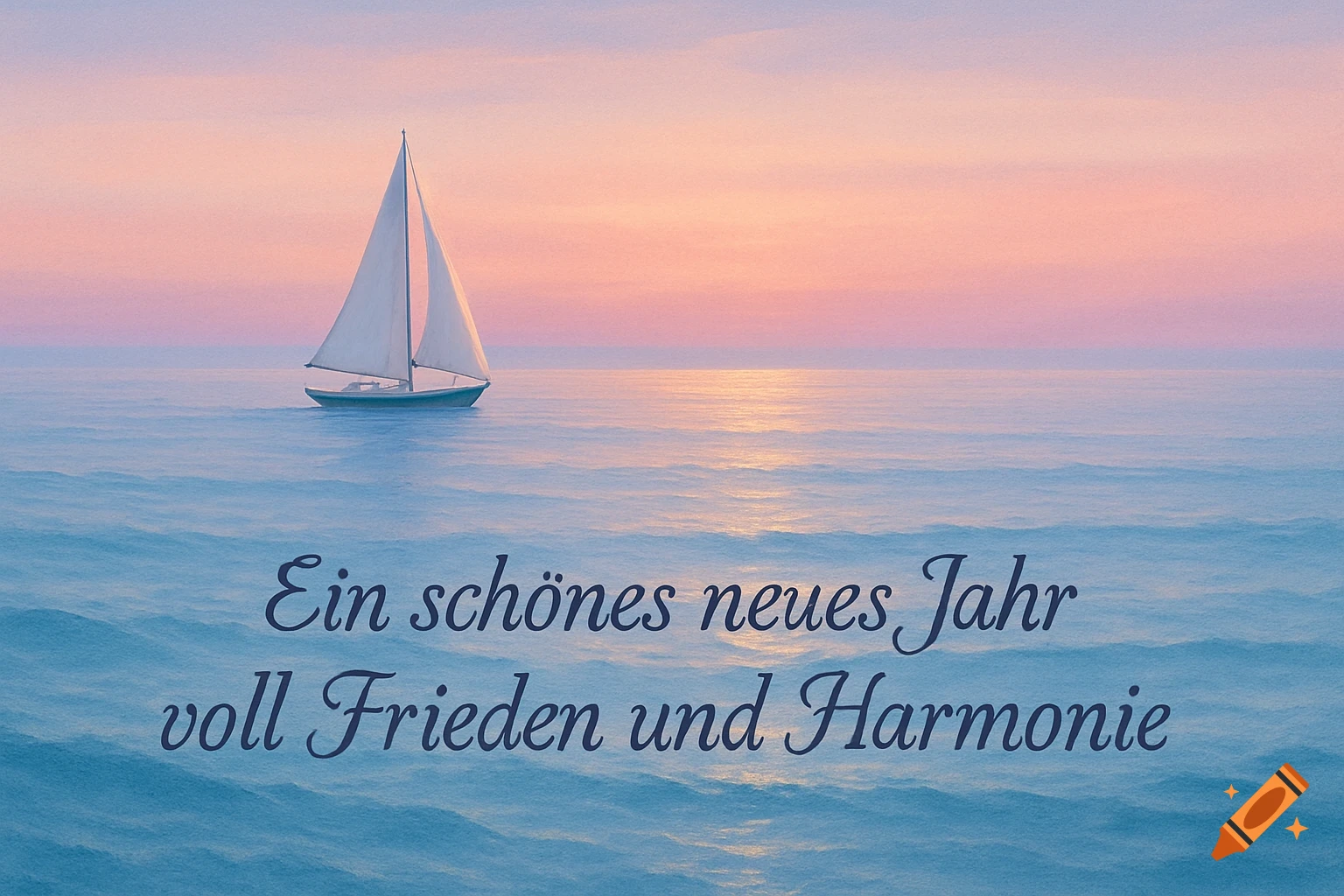 A sailboat on a tranquil ocean at sunset, with 'Ein schönes neues Jahr voll Frieden und Harmonie' text.