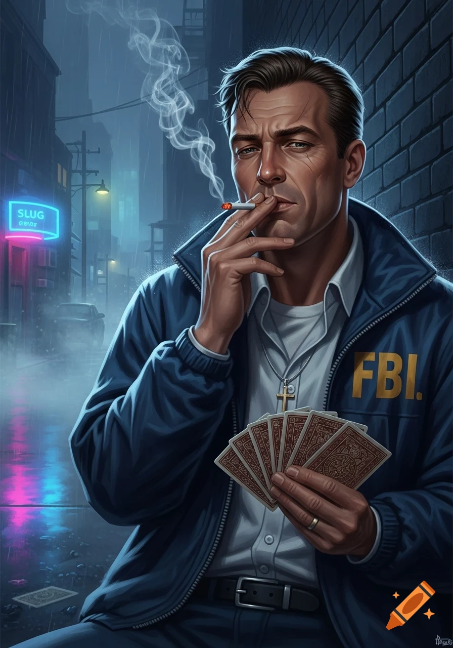 An illustrated FBI agent in a blue windbreaker smokes a cigarette and holds a deck of cards on a rainy city street.