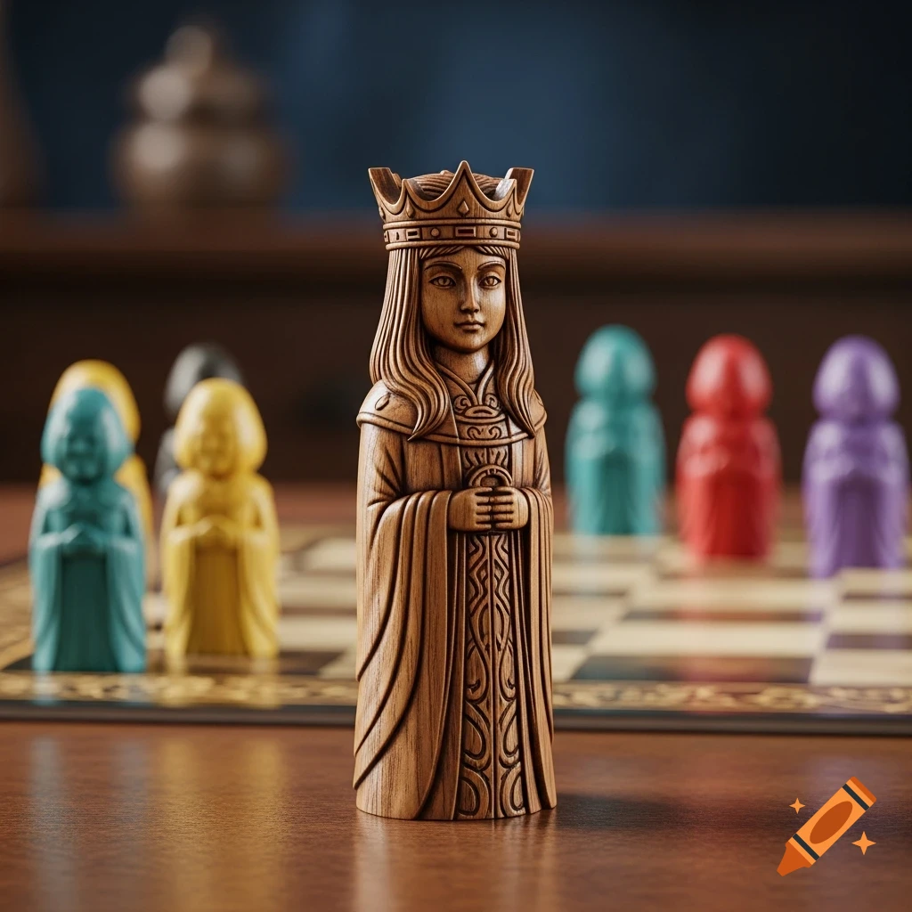 Detailed wooden carved queen chess piece on a chessboard, with blurred colorful game pieces in the background.