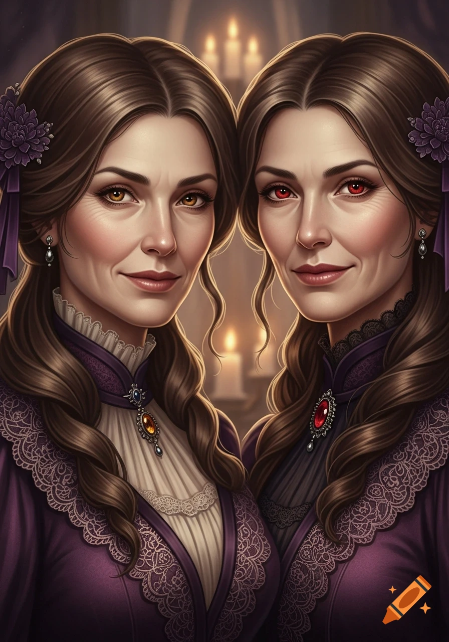 Portrait of two similar women in rich purple Victorian dresses, one with amber eyes, one with red, smiling in a cinematic fantasy art style.