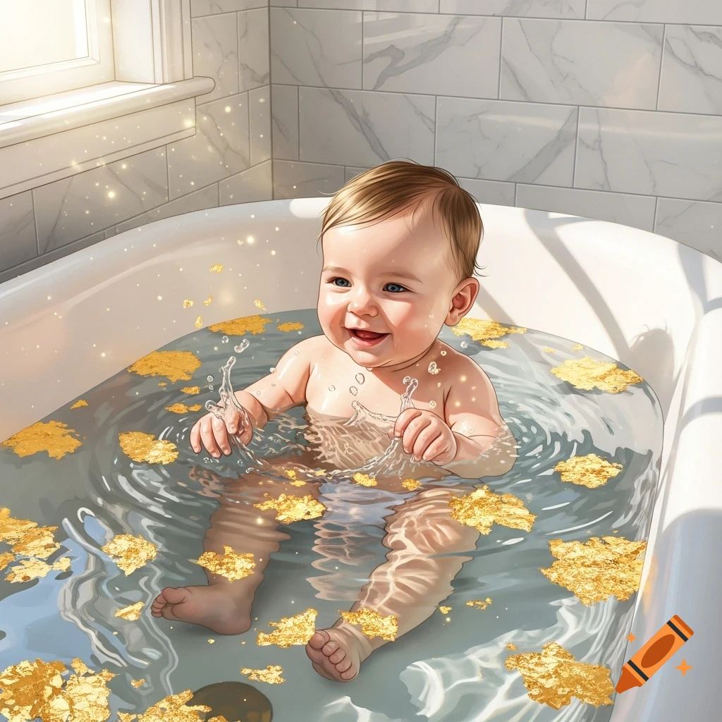 A happy baby splashes in a bathtub filled with water and shimmering gold flakes, with sunlight streaming through a window.