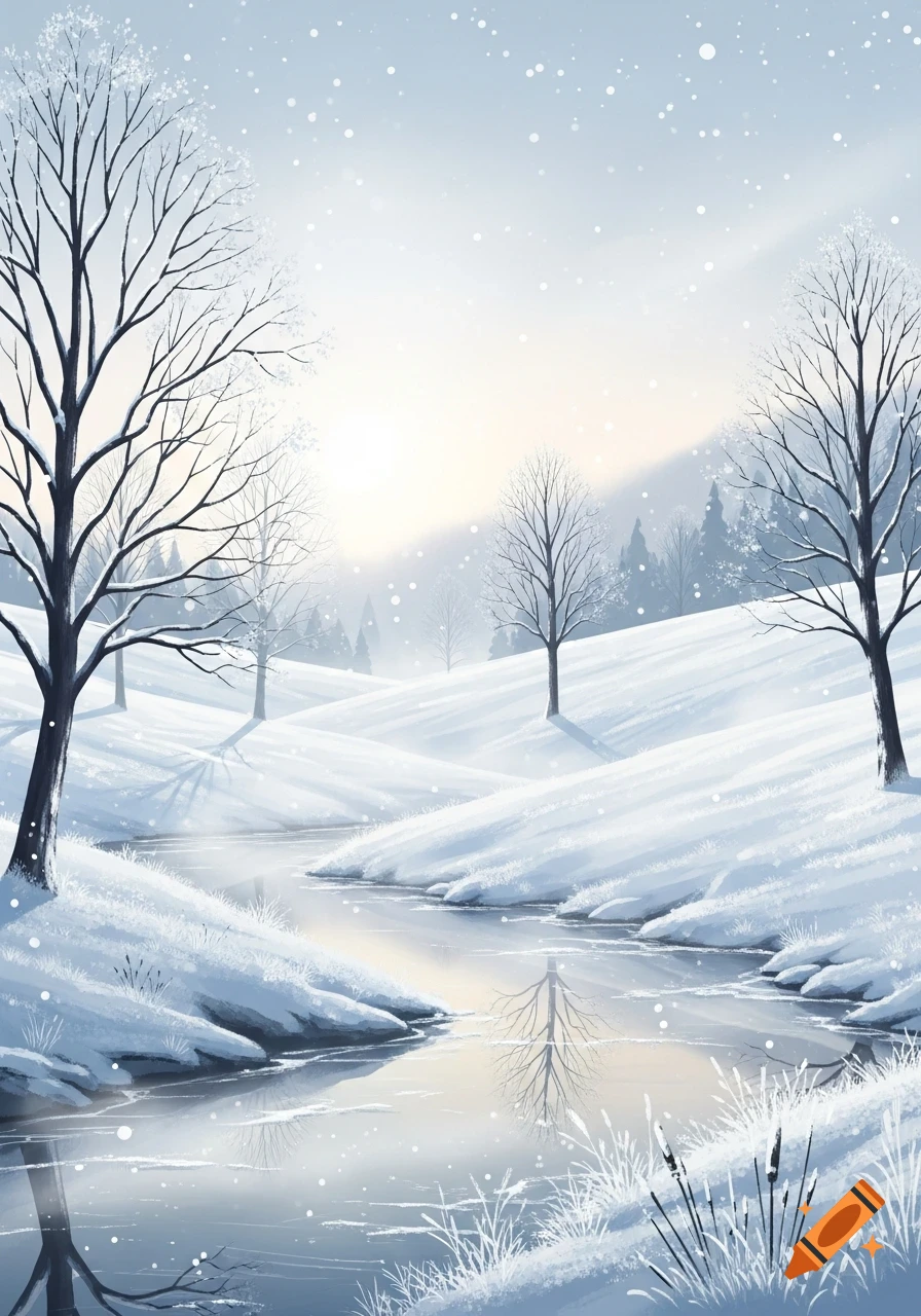 A peaceful winter landscape with snow-covered hills, bare trees, a ...