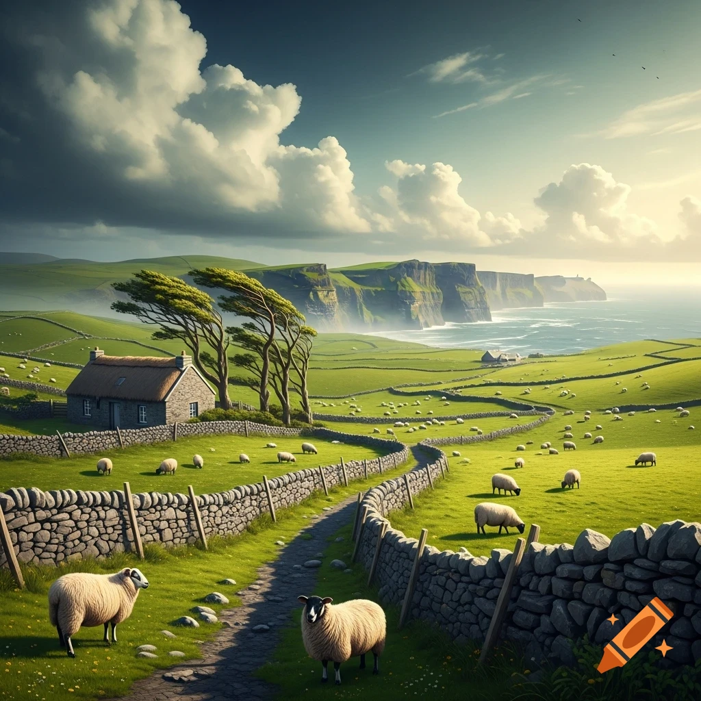 Lush green rolling hills with stone walls, sheep, a thatched cottage, and windswept trees, leading to dramatic sea cliffs and the ocean.