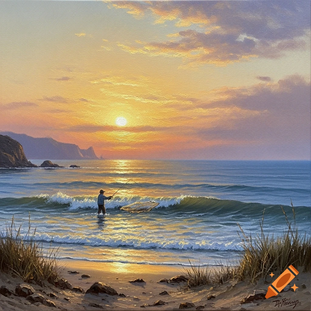 Oil painting of a fisherman in a hat wading in ocean waves at sunset, casting a line from a sandy beach with distant cliffs.