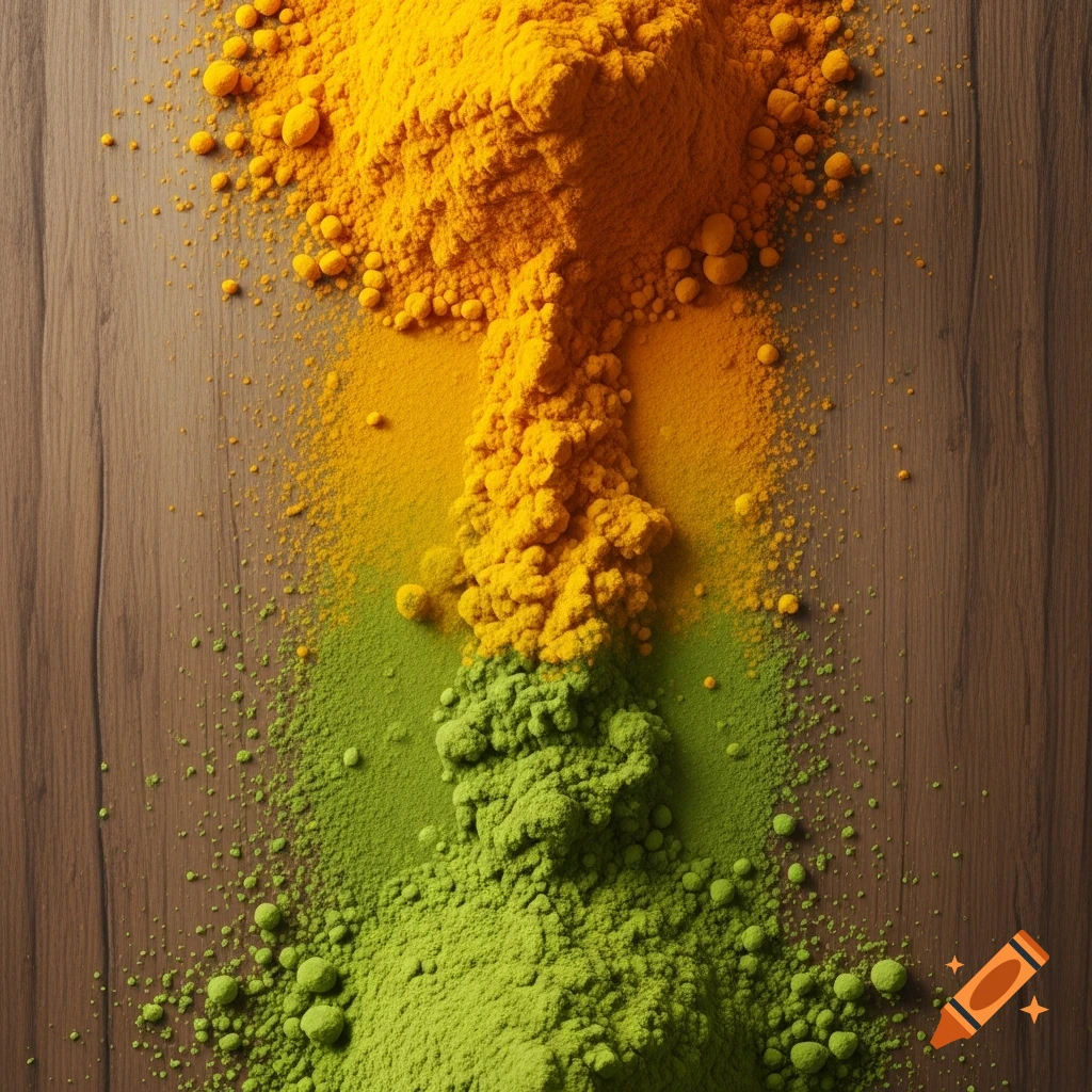 Vibrant yellow turmeric and green tea powder spilled in a cascading trail on a wooden surface.