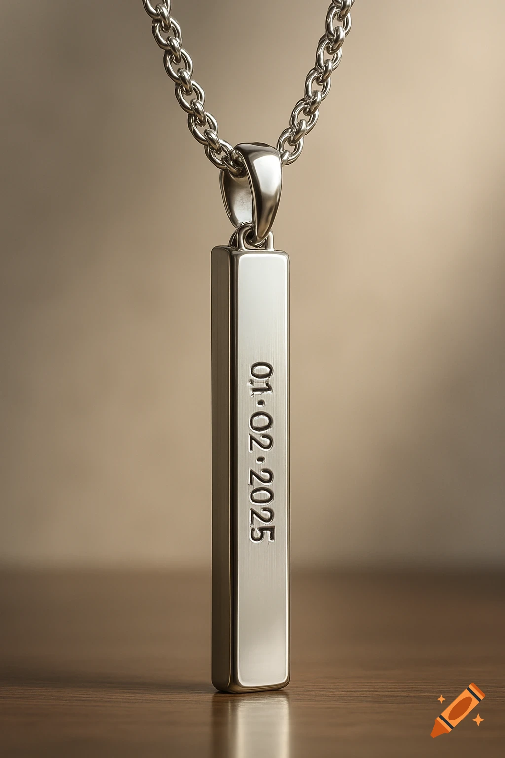 A close-up shot of a polished silver rectangular bar pendant with '01 02 2025' stamped on its side, hanging from a silver chain.