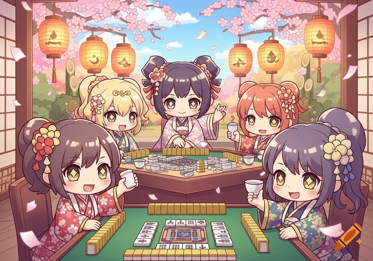 Five chibi anime girls in kimonos play mahjong at a table with lanterns and cherry blossoms in the background.