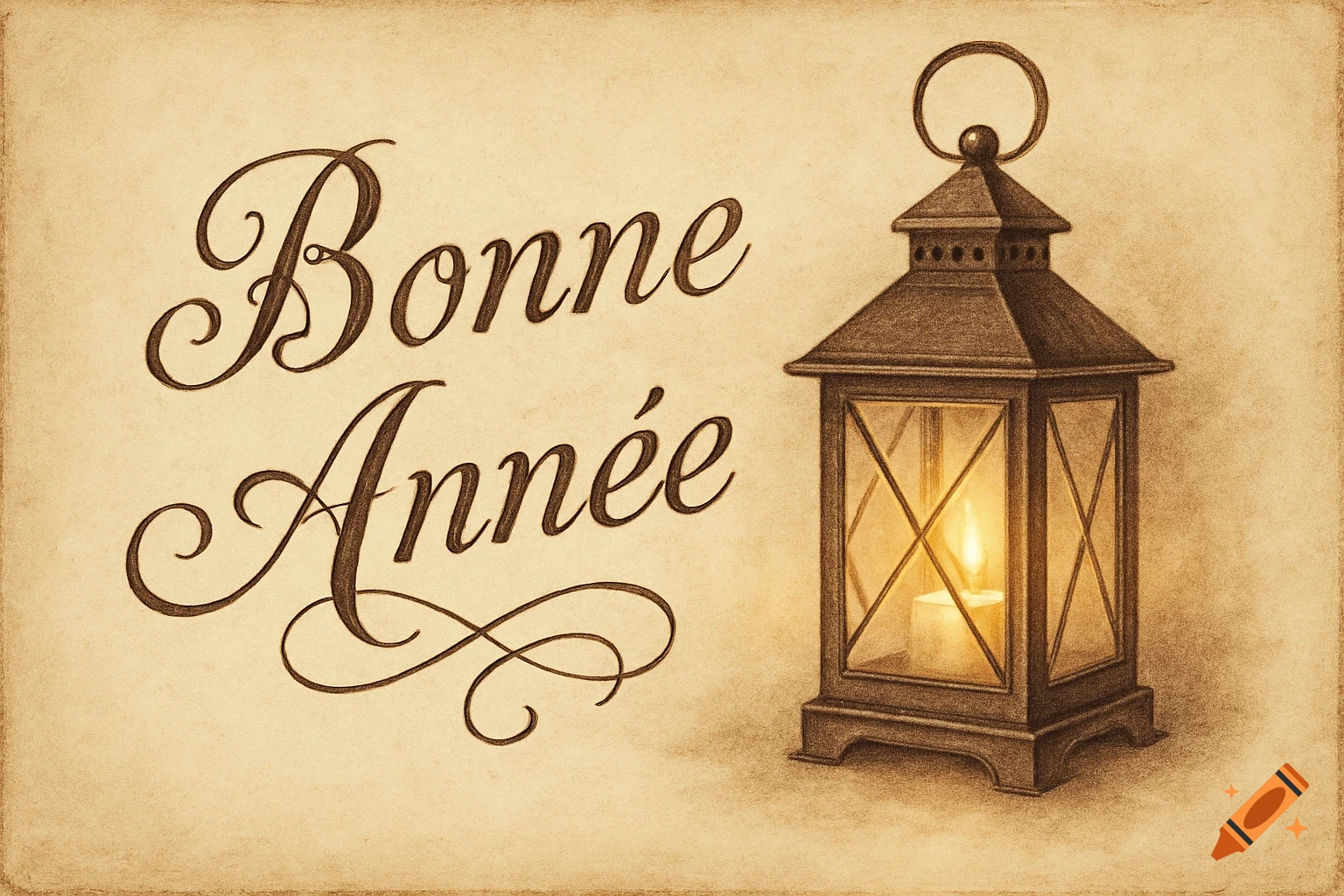 A vintage-style greeting card with "Bonne Année" in elegant script next to a lit old-fashioned lantern on a cream background.