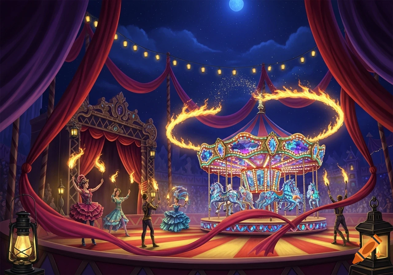 A vibrant fantasy illustration of a night circus with fire dancers, a glowing carousel, red drapes, and a full moon.