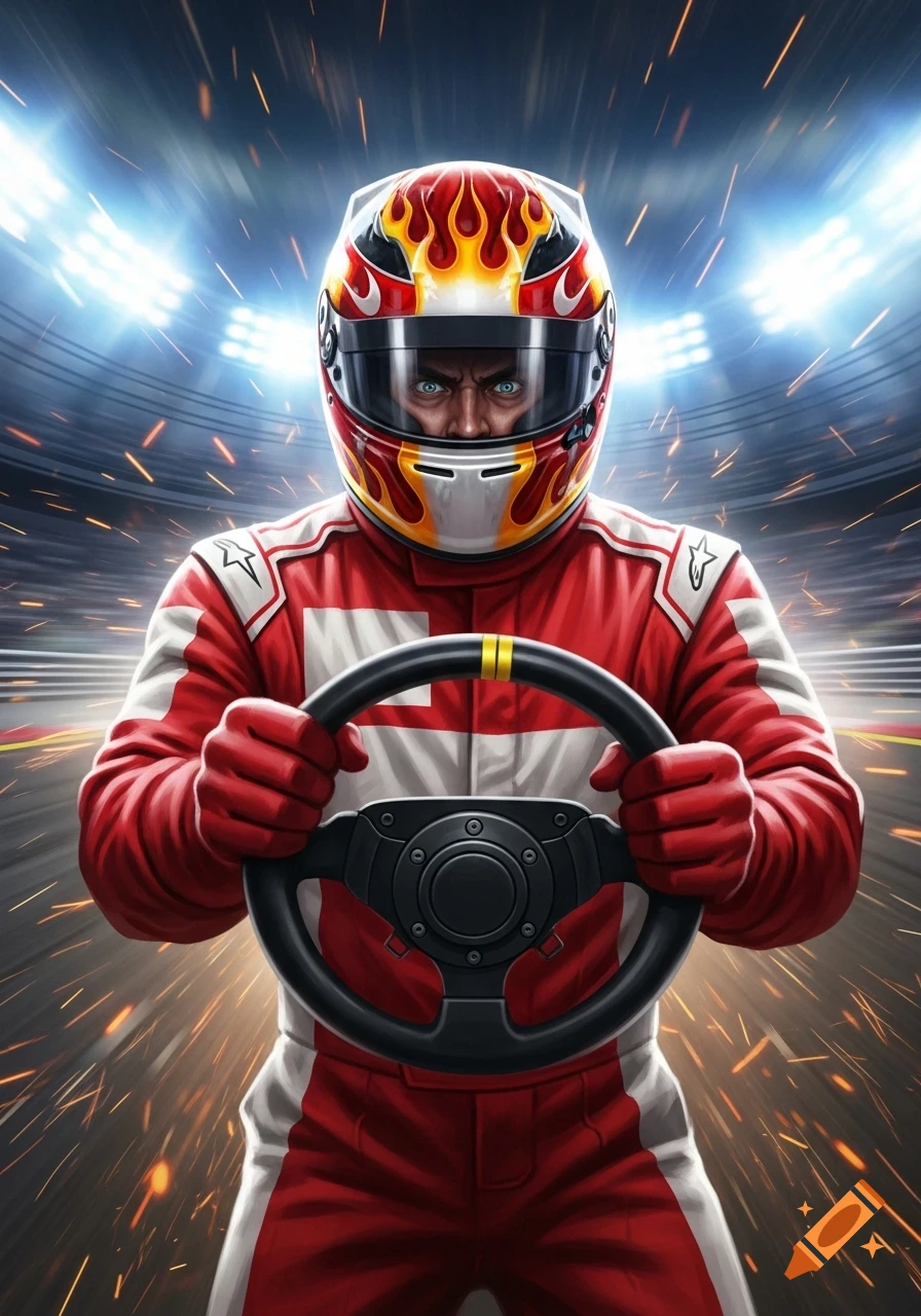 Intense race car driver in a red and white suit and a flaming helmet, gripping a steering wheel on a track with bright lights and sparks. Digital art.