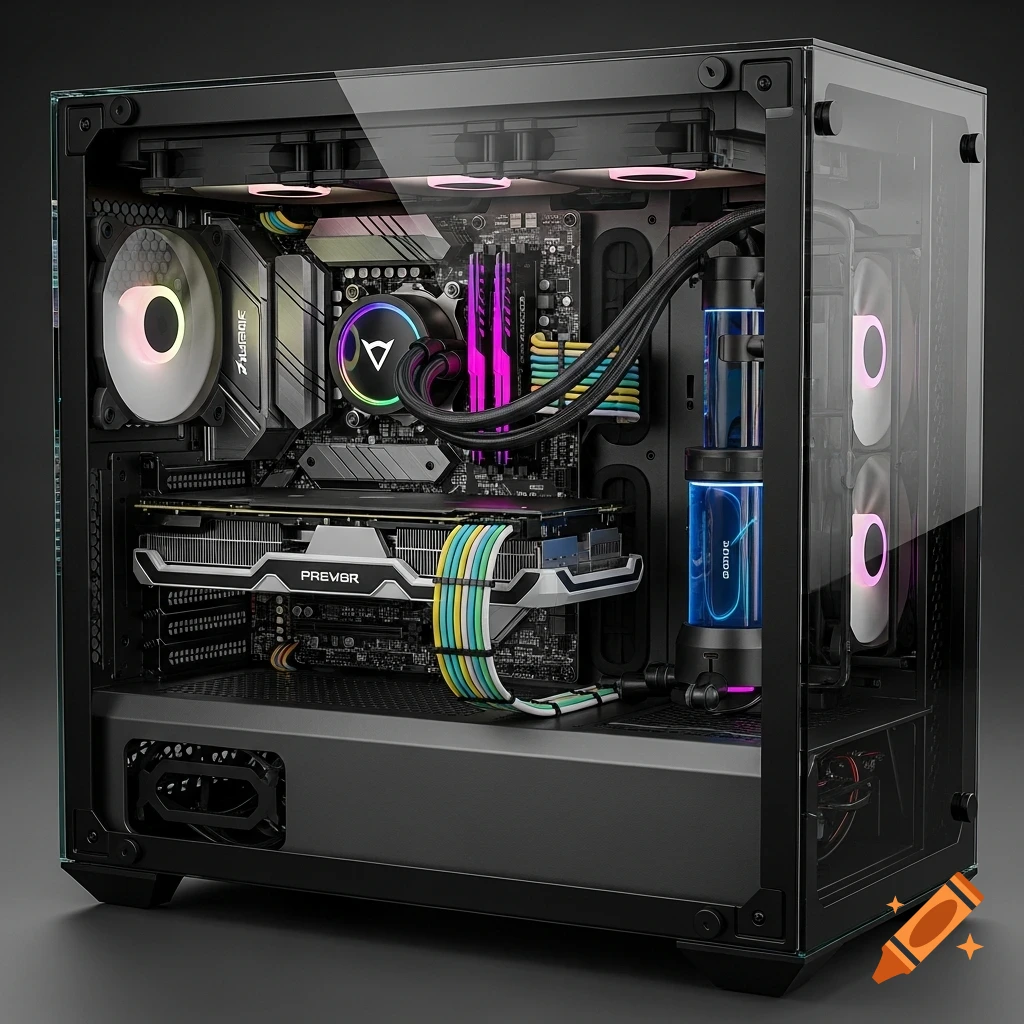 An ultra-realistic render of a futuristic premium PC case with tempered glass sides, featuring a liquid-cooled CPU with RGB lighting, clean cable management, and glowing internal components.