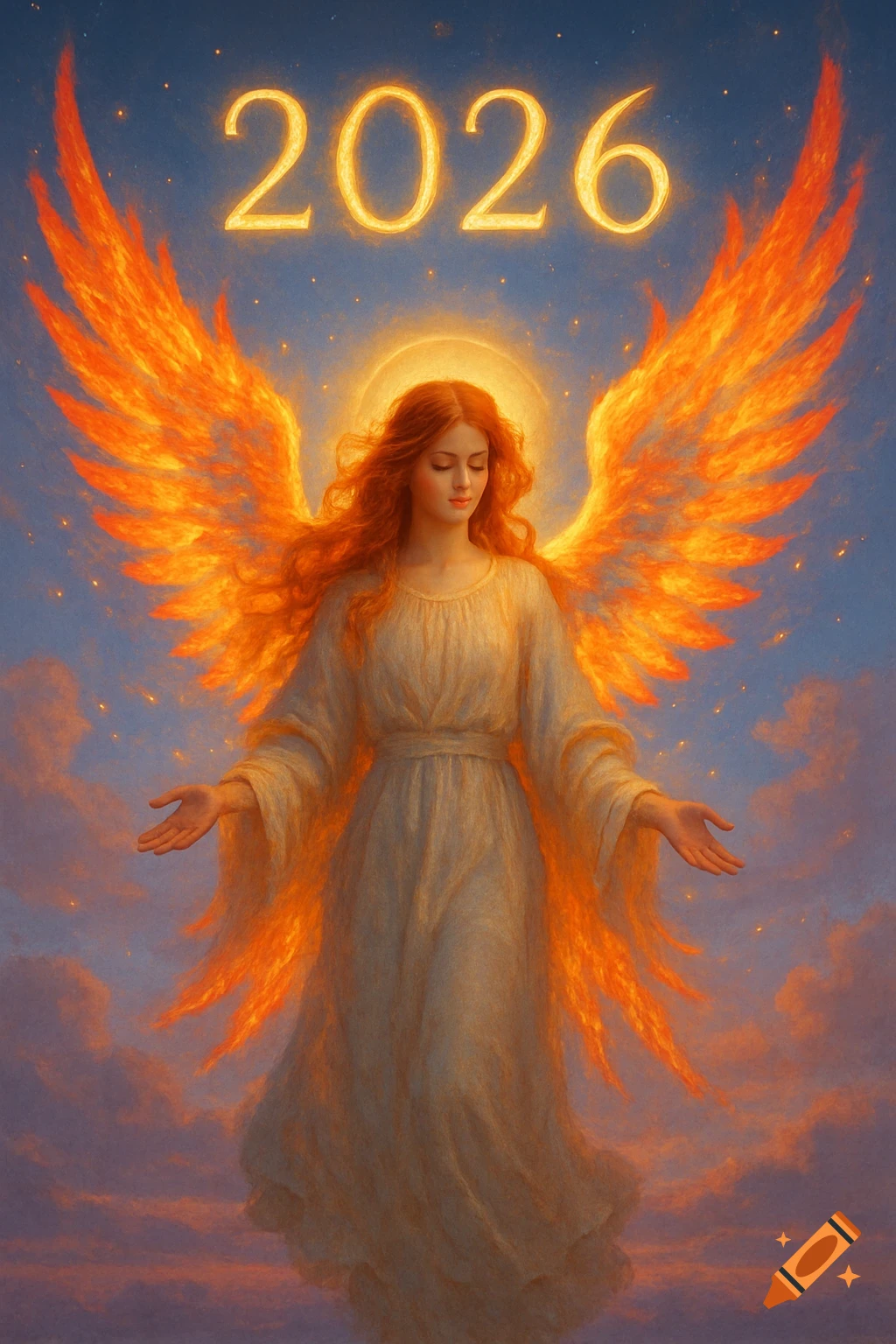 An angel with fiery wings, red hair, and a white gown stands against a starry sky with glowing '2026' above.