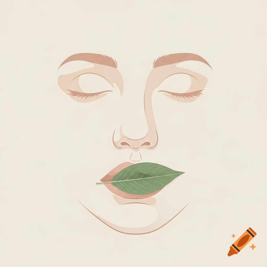 Minimalist illustration of a face with closed eyes and a green leaf over the mouth on a pale background.