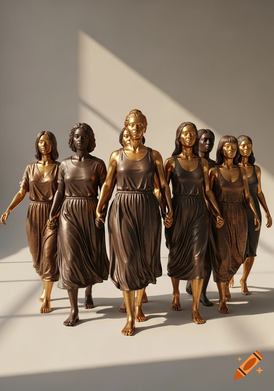 A group of bronze statues of women holding hands, walking forward in a sunlit room, with varied skin tones.