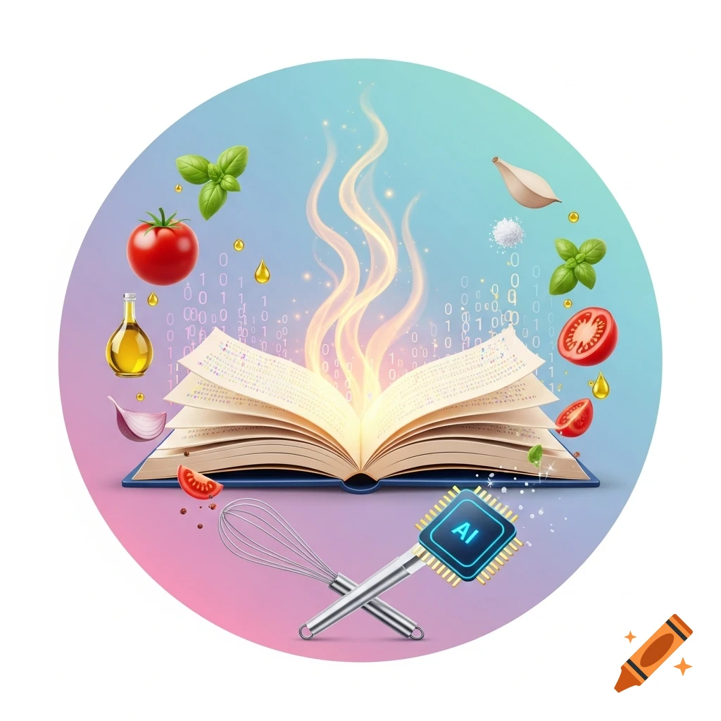 An open cookbook with glowing pages from which steam rises, surrounded by floating cooking ingredients like tomatoes, basil, garlic, olive oil, and salt, with binary code and an AI chip whisk at the bottom, all within a circular frame with a pink and blue gradient background.
