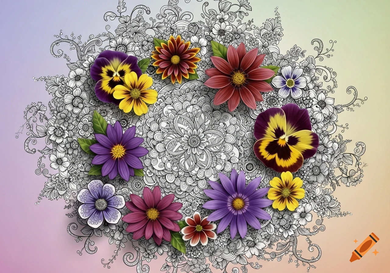 Colorful pansies and other flowers arranged over an intricate black and white zentangle floral pattern on a gradient background.