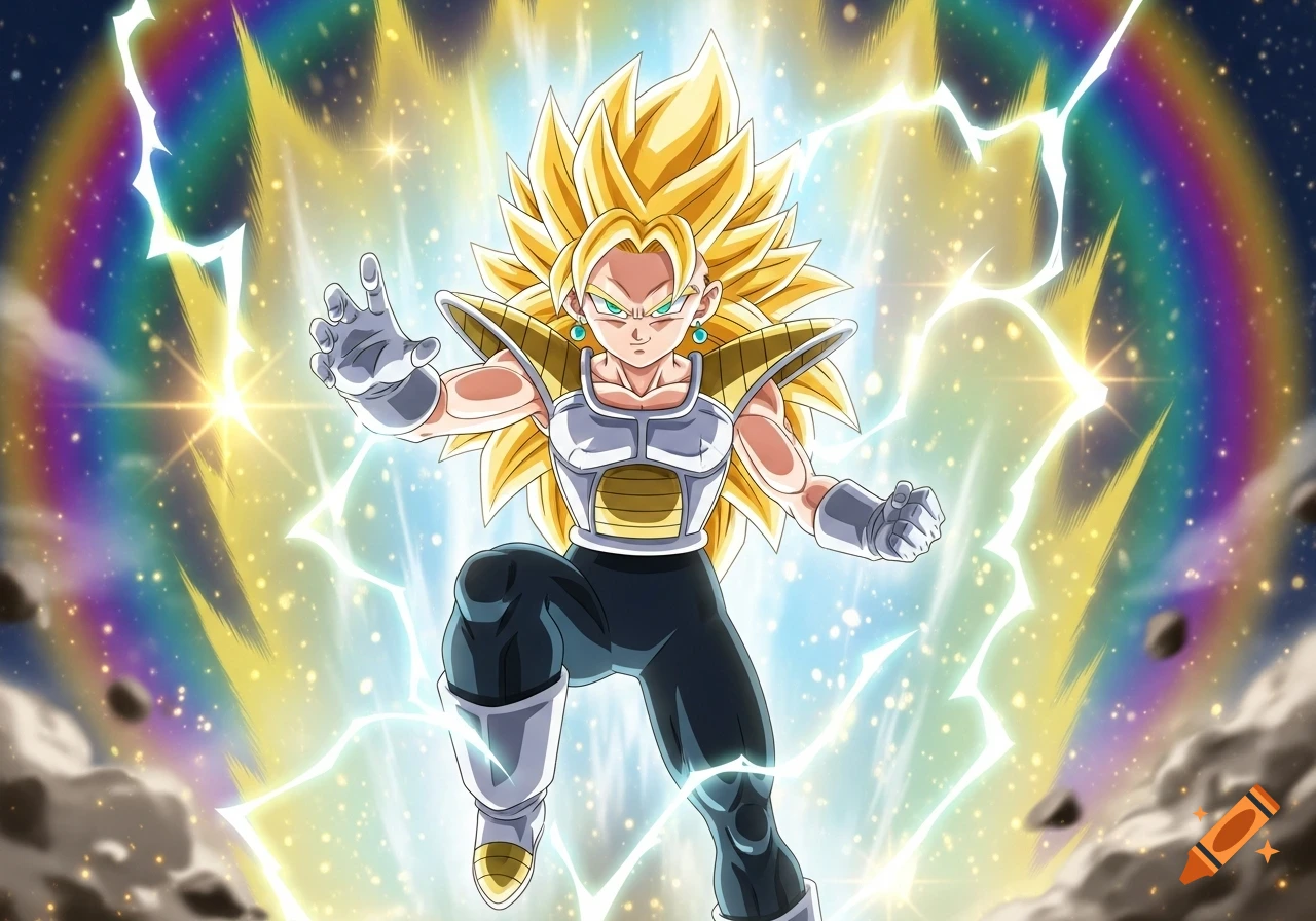 Anime character with spiky golden hair and armor, surrounded by lightning and a rainbow aura, in a dynamic battle pose.