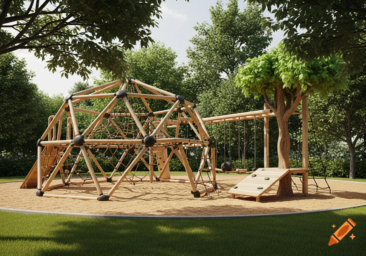 Photorealistic wooden playground with a geodesic climbing dome, rope nets, swings, and climbing wall in a sunny park.