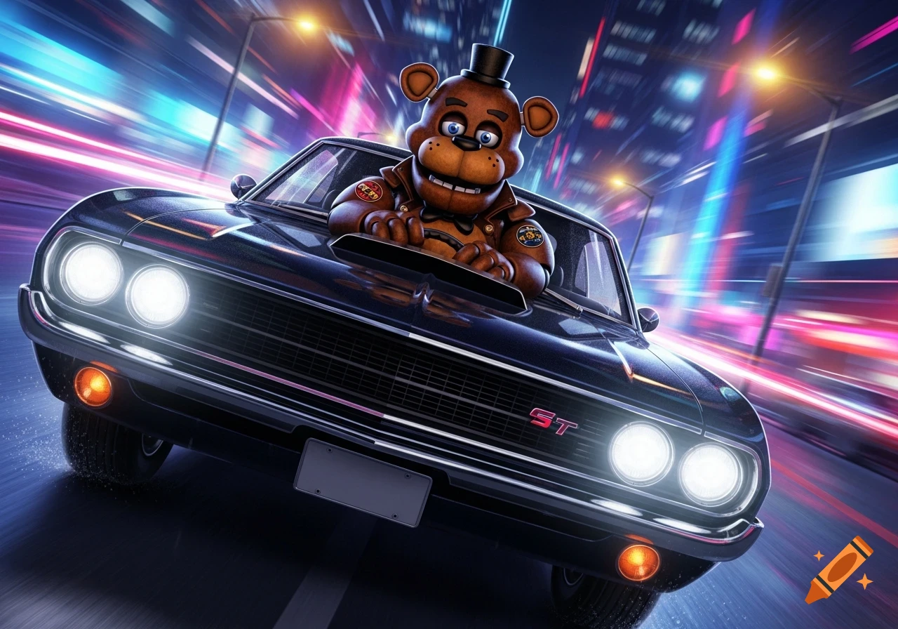 Freddy Fazbear in a brown leather jacket and top hat drives a black vintage muscle car down a neon-lit city street at night, 3D rendered.