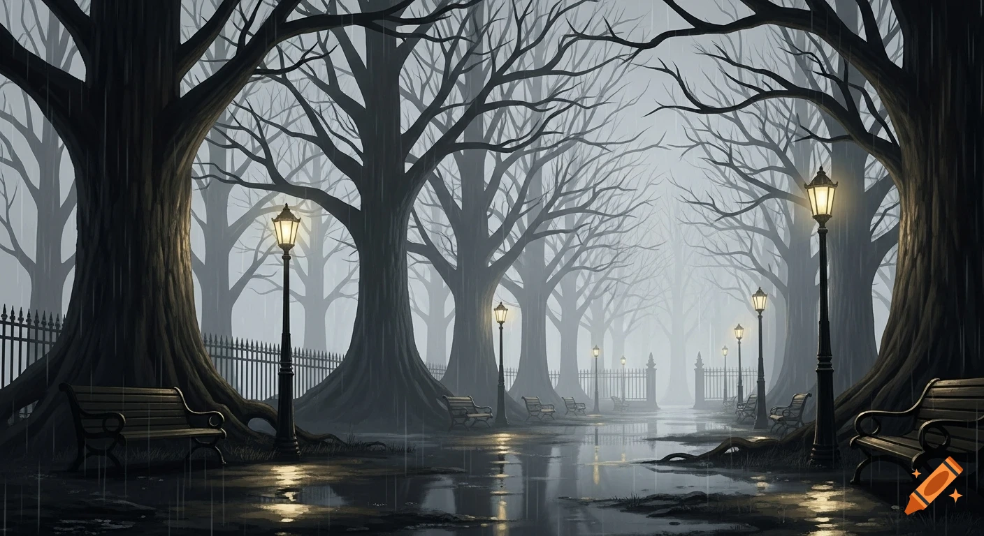 A moody, rainy park scene with bare trees, rows of glowing lampposts, and benches, reflected in puddles.