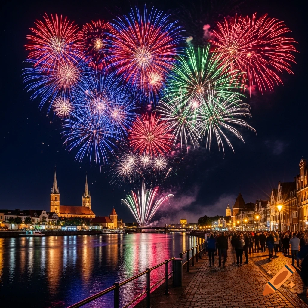 Vibrant fireworks explode over a historic city skyline at night, reflected in the river. People watch from a cobblestone promenade.