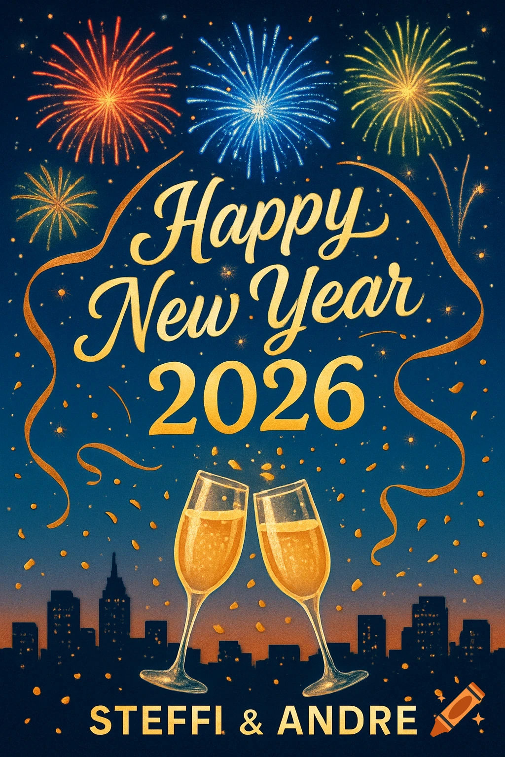 New Year's greeting card with colorful fireworks, champagne glasses, a city skyline at dusk, and 'Happy New Year 2026 Steffi & Andre' text.