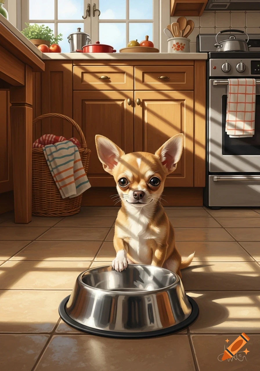 A cute Chihuahua sits on a sunny kitchen floor with a paw on an empty food bowl, begging for food.