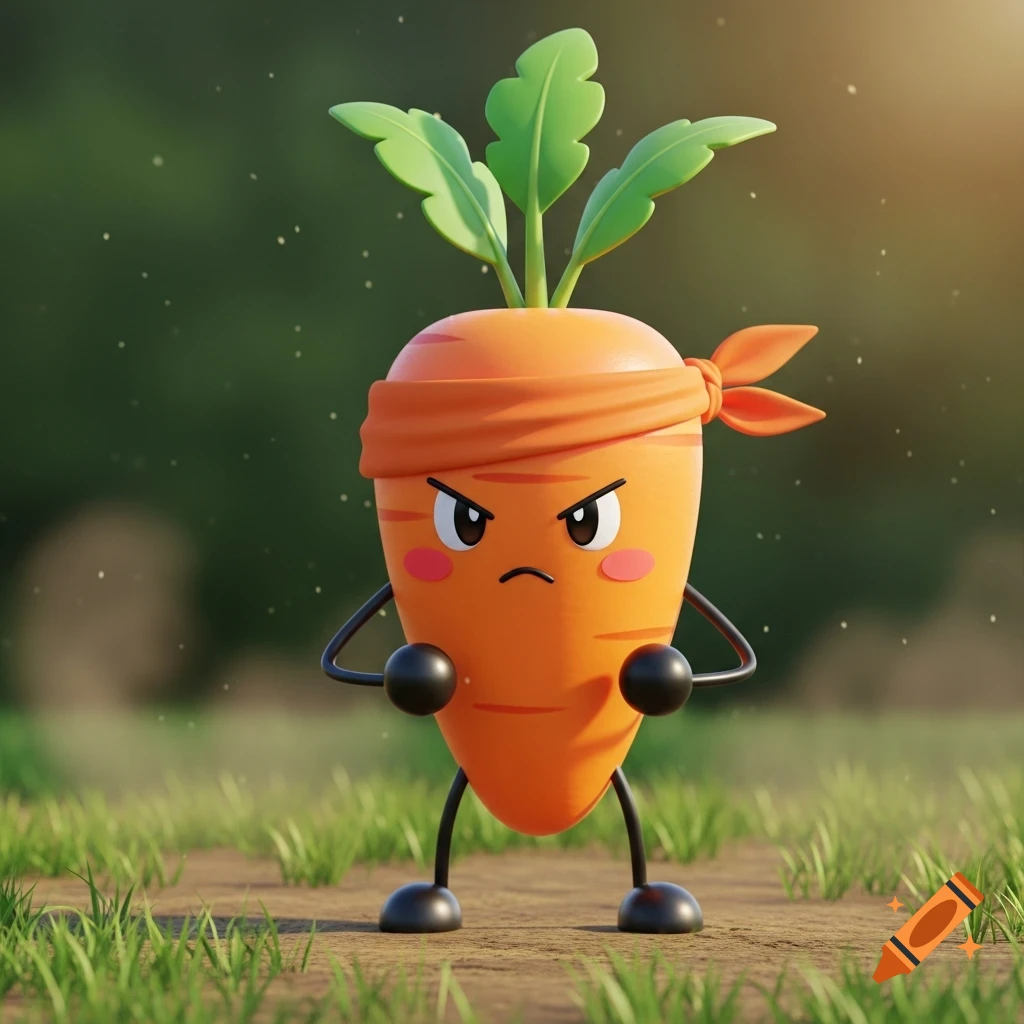 A 3D cartoon angry carrot with an orange bandana, blush, stick arms, and round black hands and feet, standing in a grassy field.