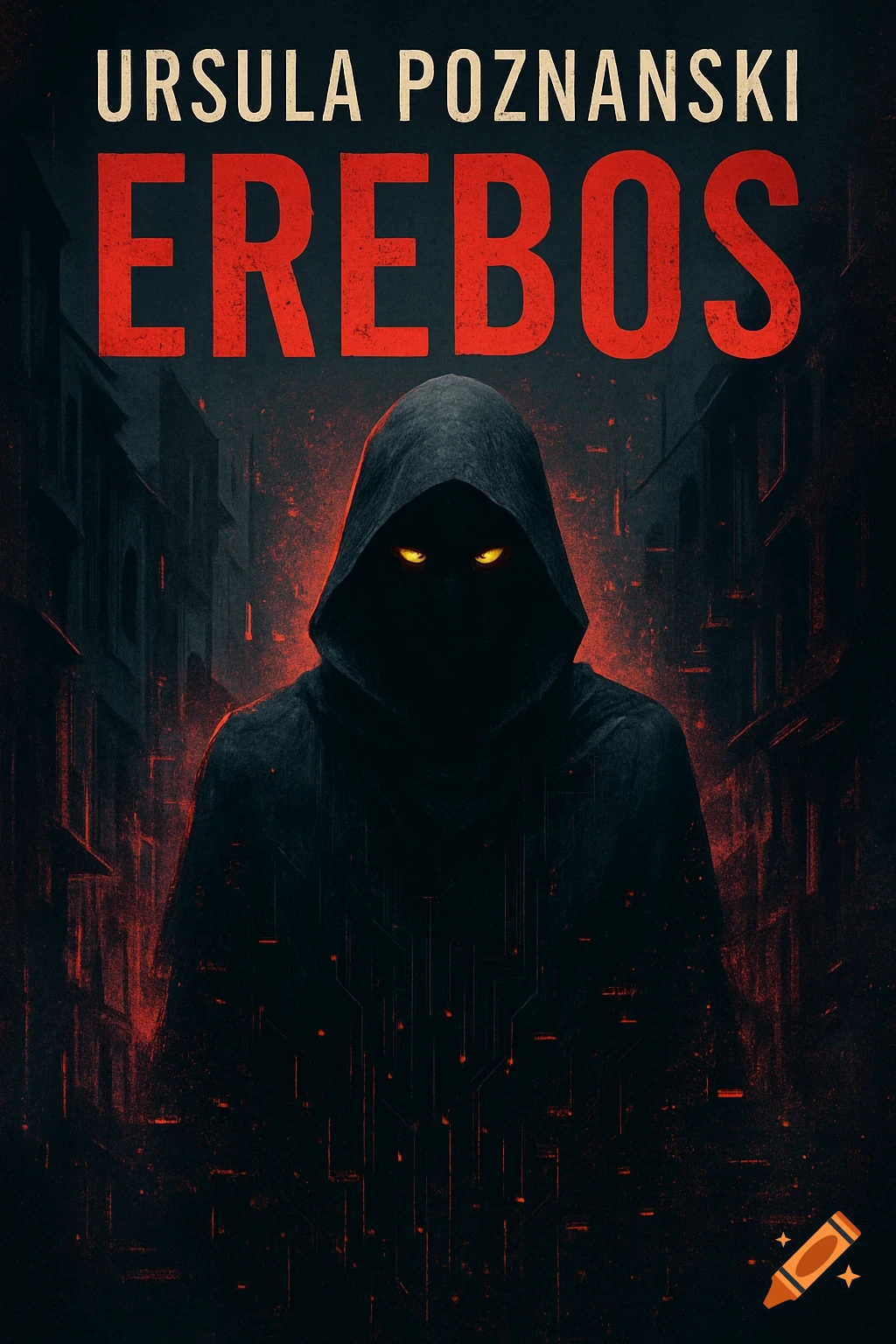 Book cover with a dark hooded figure with glowing yellow eyes in a gritty city. Text reads 'URSULA POZNANSKI EREBOS'.