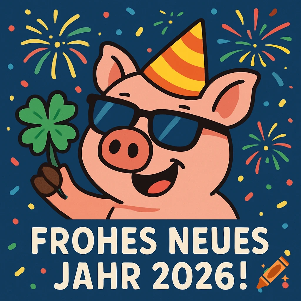 Cartoon pig in sunglasses and party hat holds a clover, with fireworks and confetti. Text: Frohes neues Jahr 2026! (Happy New Year)