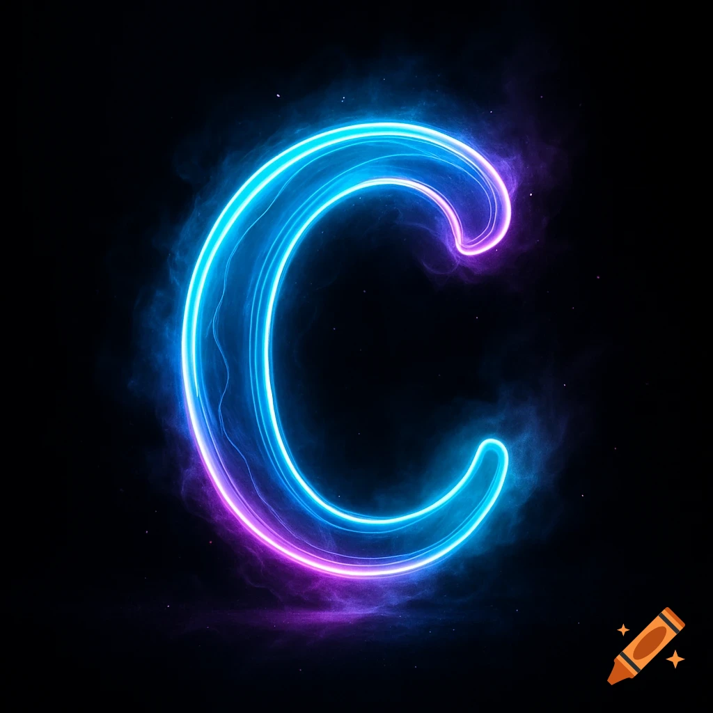 A glowing neon letter C in blue and purple on a dark background.