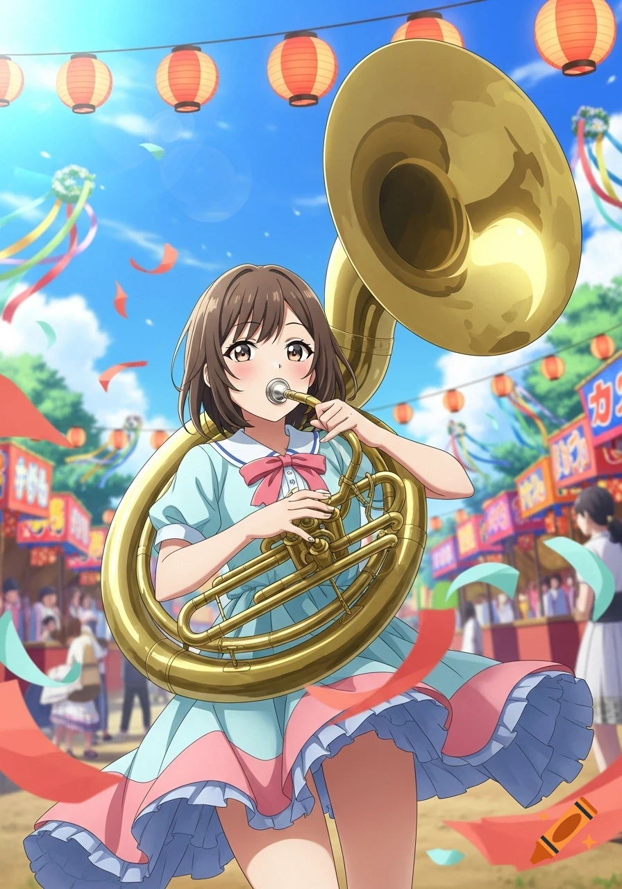 A brown-haired anime girl in a light blue dress plays a golden sousaphone at a vibrant outdoor festival under a blue sky.