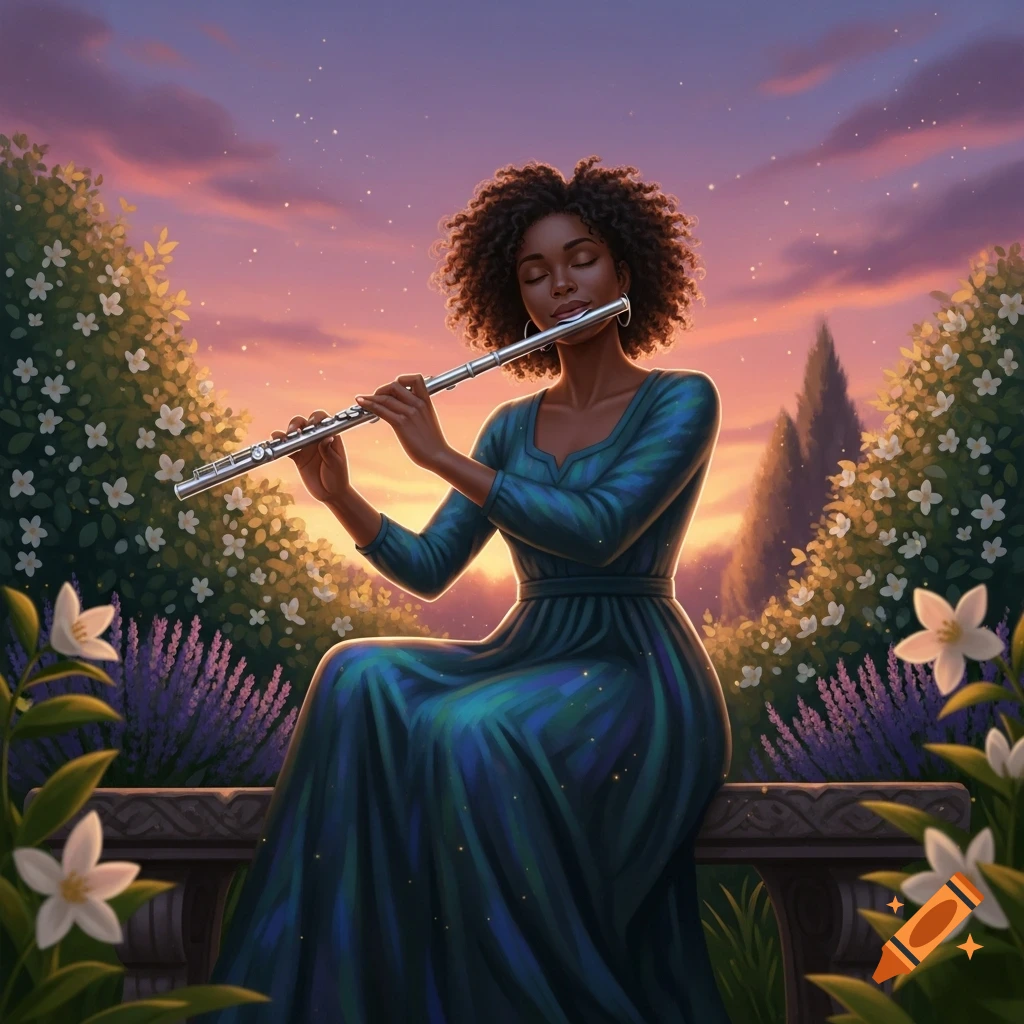 A Black woman with curly hair playing a silver flute in a lush garden at sunset, with purple and white flowers under a starry sky.