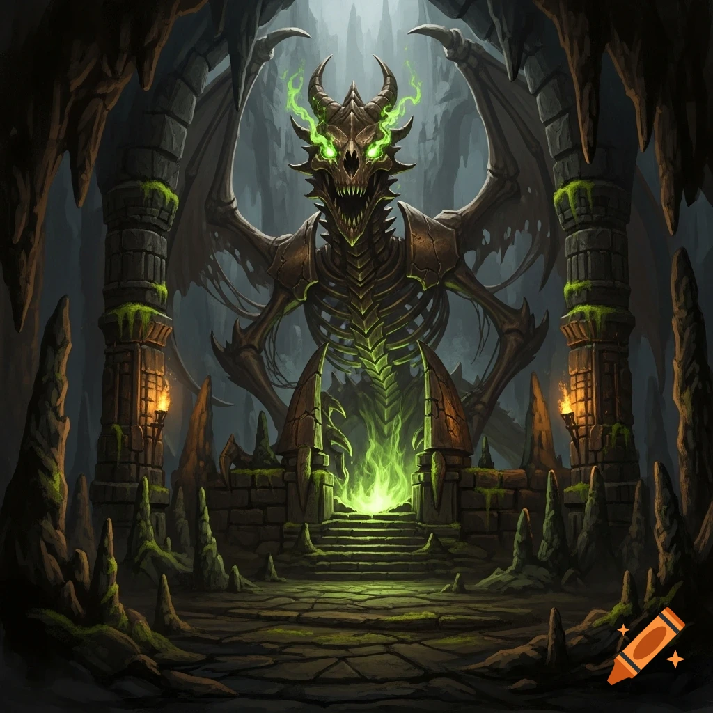 A bronze skeletal dragon with glowing green eyes and smoke rises from a glowing green altar in a dark, mossy stone dungeon.