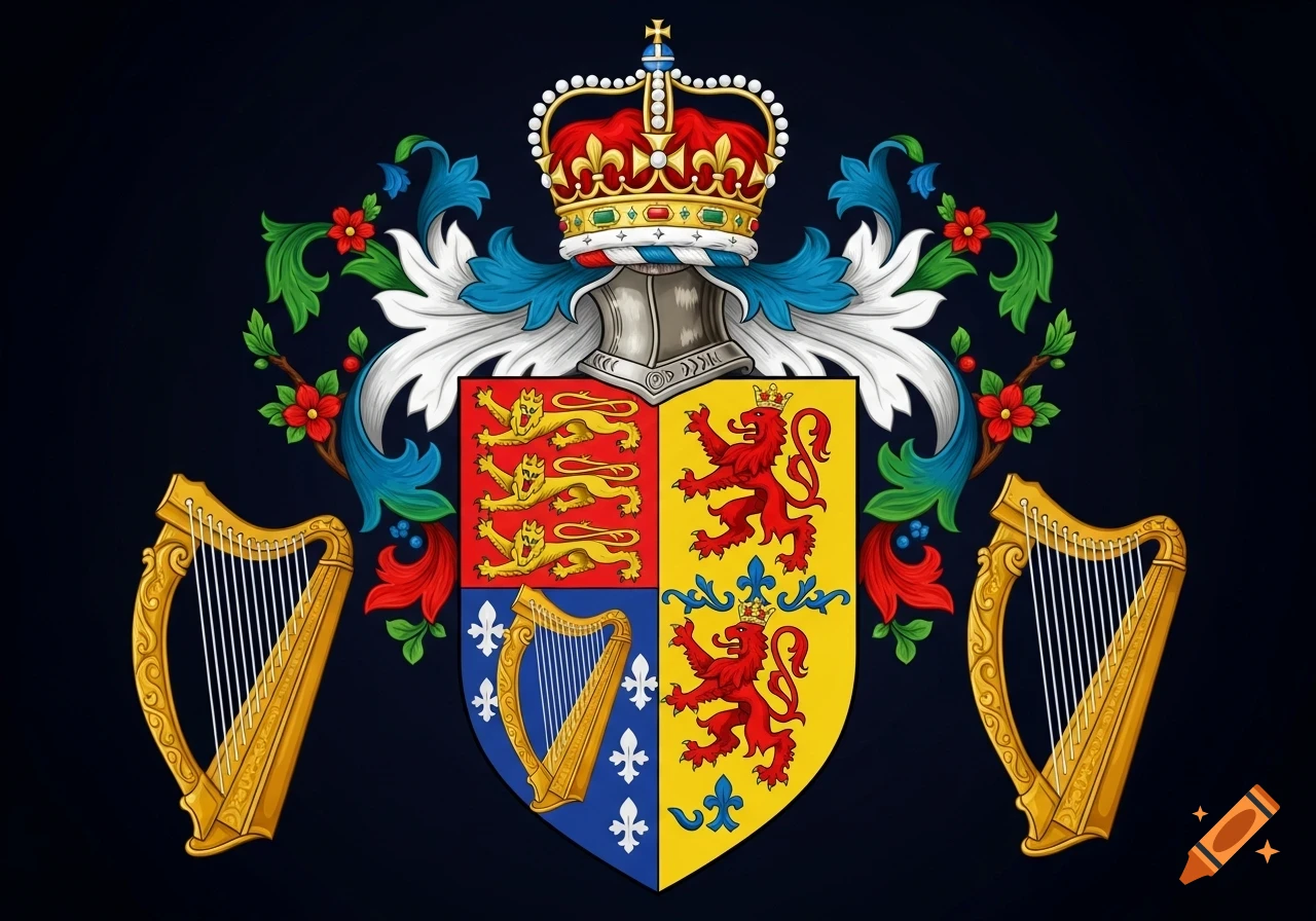 A detailed royal coat of arms featuring a crown, helmet, a quartered shield with heraldic lions and harps, flanked by two golden harps.
