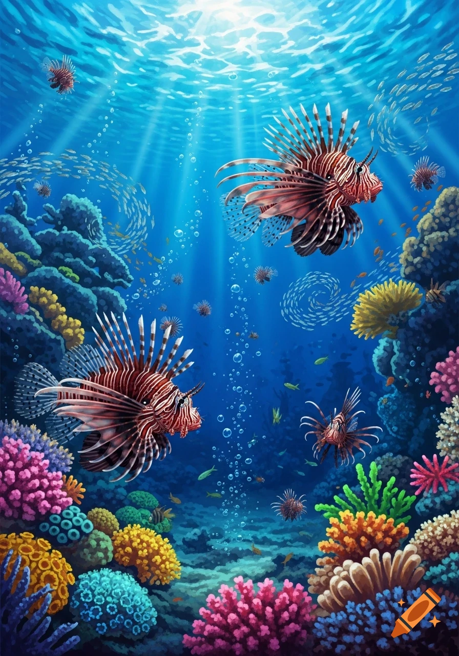 Vibrant illustration of a coral reef with multiple lionfish swimming among colorful coral and schools of fish under sunlit water.